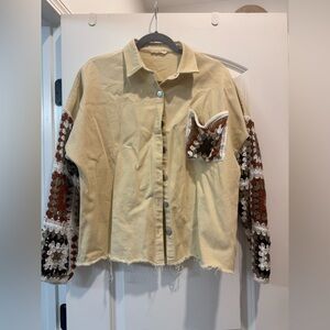 Beige Button-Up Shirt with Crochet Sleeves